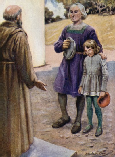 Columbus og hans søn Diego ved klostrets port af Stewart Orr
